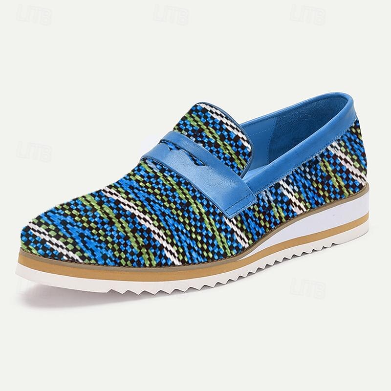 Men's Premium Cowhide Slip-On Loafers - Stylish Multicolor Woven Upper Casual Shoes with Cushioned Sole3