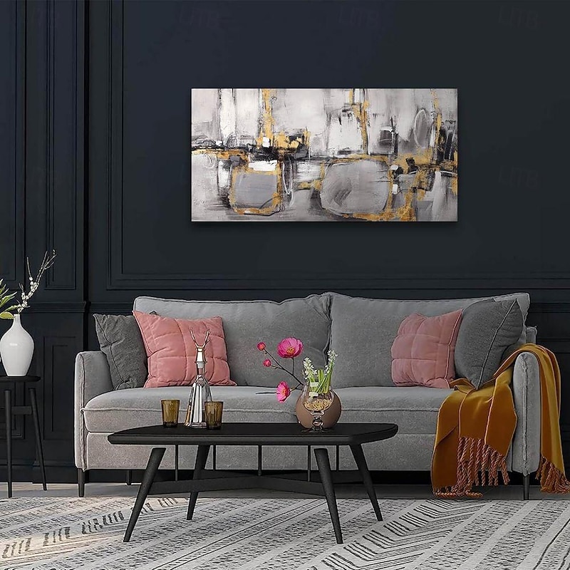 Handmade Oil Painting Canvas Wall Art Decoration Modern Abstract Texture Black White and Gold for Living Room Home Decor Rolled Frameless Unstretched Painting3