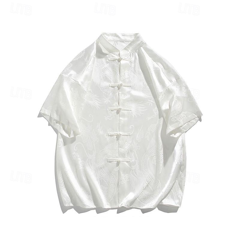 Men's Shirt Chinese Collar Shirt Mandarin Collar Shirt Summer Shirt Casual Shirt Button Up Shirt Black White Short Sleeve Plain Mandarin Collar Vacation Holiday Clothing Apparel Polyester Fashion