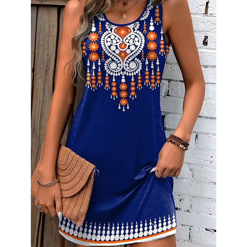 Women's Mini Dress Petite Dress Sundress Tank Dress Summer Dress Boho Vacation Daily Holiday Regular Fit Geometric Sleeveless Crew Neck Blue Summer3