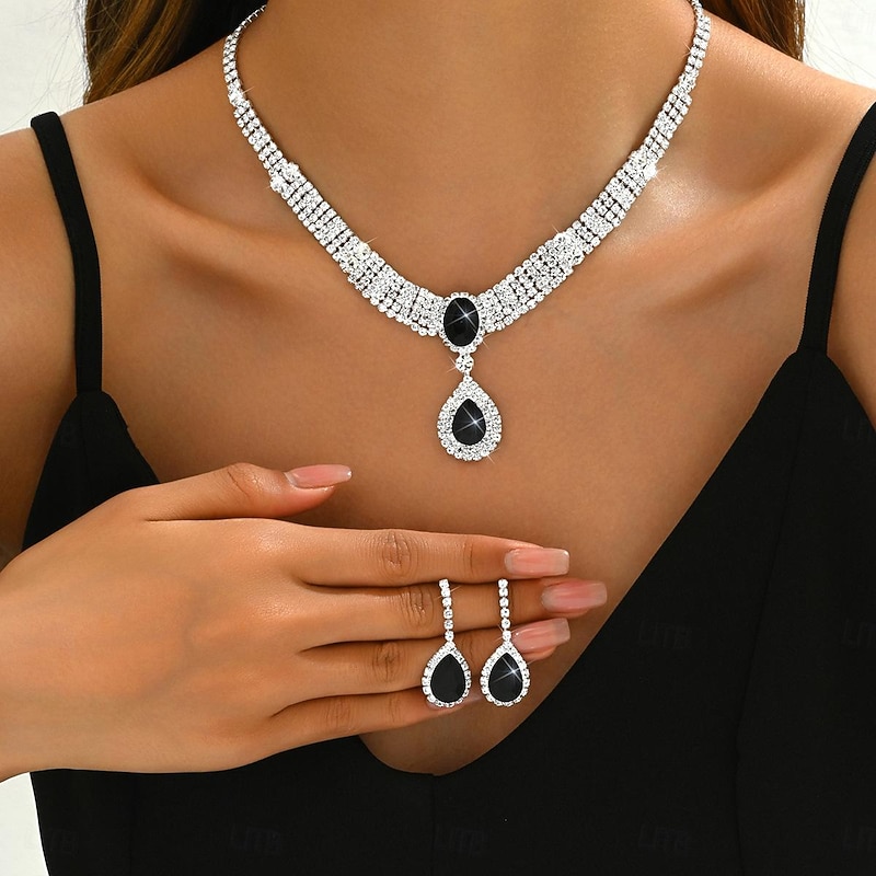 Bridal Jewelry Sets Two-piece Suit Imitation Diamond 1 Necklace Earrings Women's Vintage Dainty Sweet Lovely Classic Love Precious Diamond Water Drop Jewelry Set For Wedding Gift