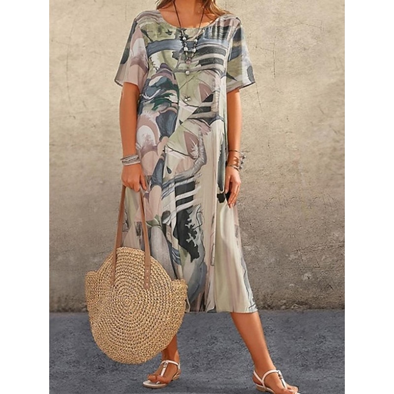 Women's Abstract Print Crew Neck Midi Dress Casual Daily Short Sleeve Summer 5
