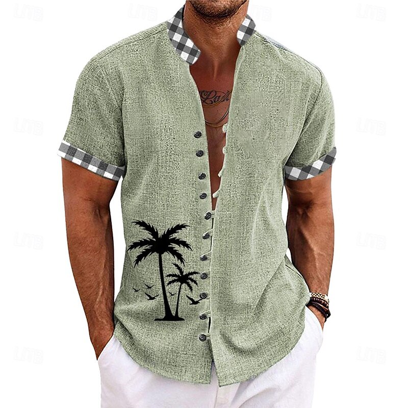 Men's Coconut Tree Tropical Plants Shirt Summer Hawaiian Shirt Button Up Shirt Short Sleeve Shirt Grandad Collar Band Collar Casual Tribal Daily Hawaiian Blue Green Khaki S M L4