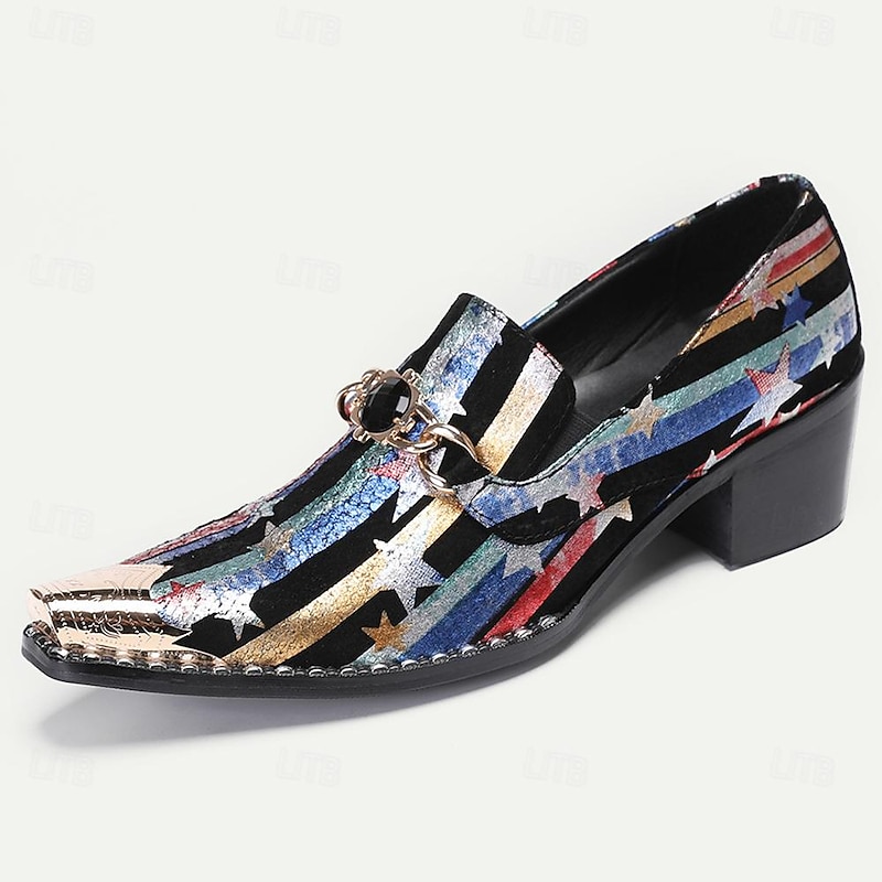 Men's Premium Cowhide Star Pattern Loafers–Stylish Party Shoes with Gold Tip Metal Buckle and High Heel, Ideal for Special Occasions2