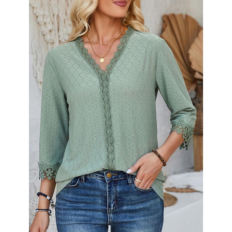Women's Blouse Dressy Tops Daily 3/4 Length Sleeve V Neck Lace Sage Green Black Pink Beige Spring & Summer3