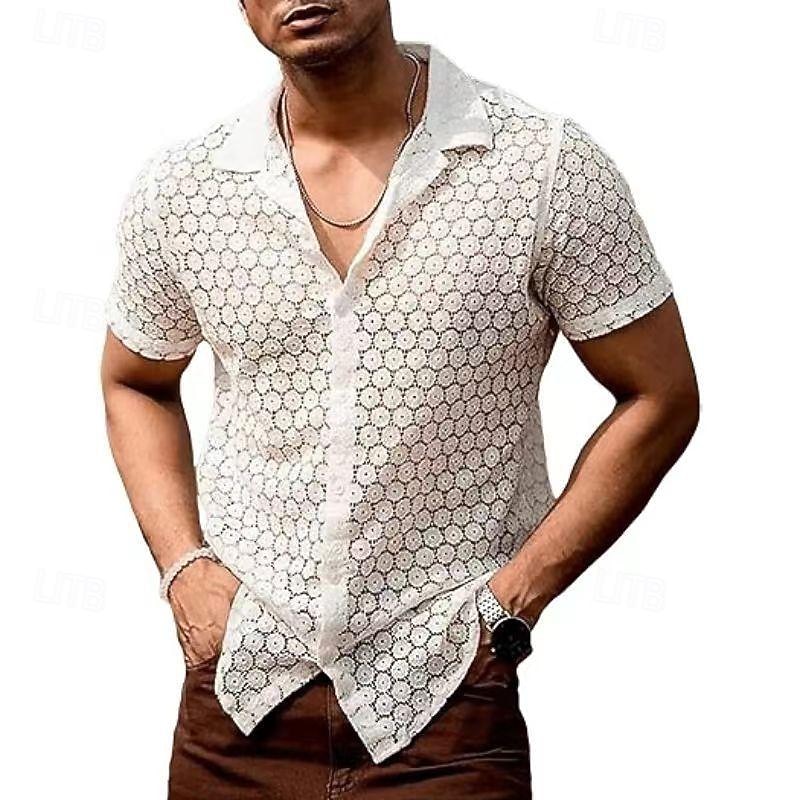 Men's Shirt Summer Shirt Mesh Shirt Sheer Shirt Sheer Blouse White Short Sleeve Plain Camp Collar Vacation Hawaiian Mesh Clothing Apparel Polyester Fashion Casual Comfortable