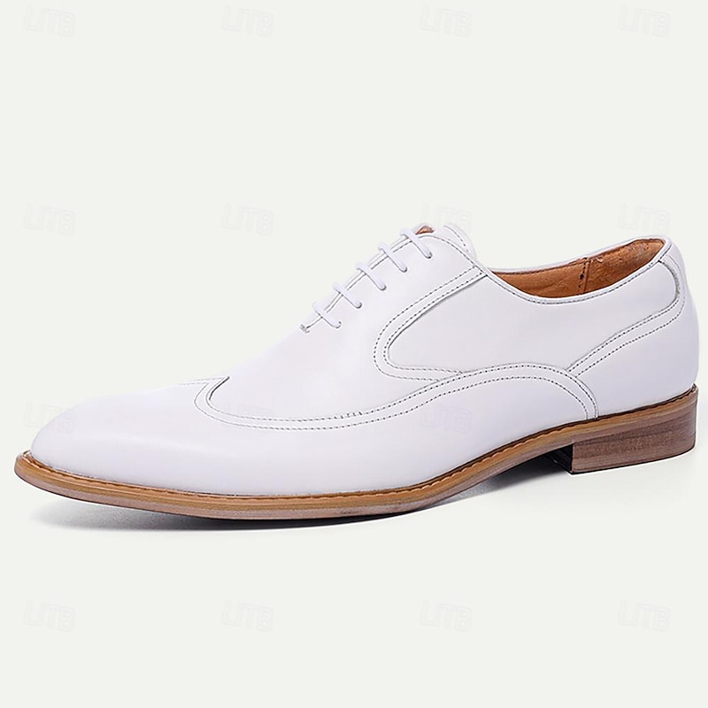 Men's Premium Cowhide Leather White Brogue Oxford Shoes - Elegant Lace-Up Dress Shoes for Formal Occasions3