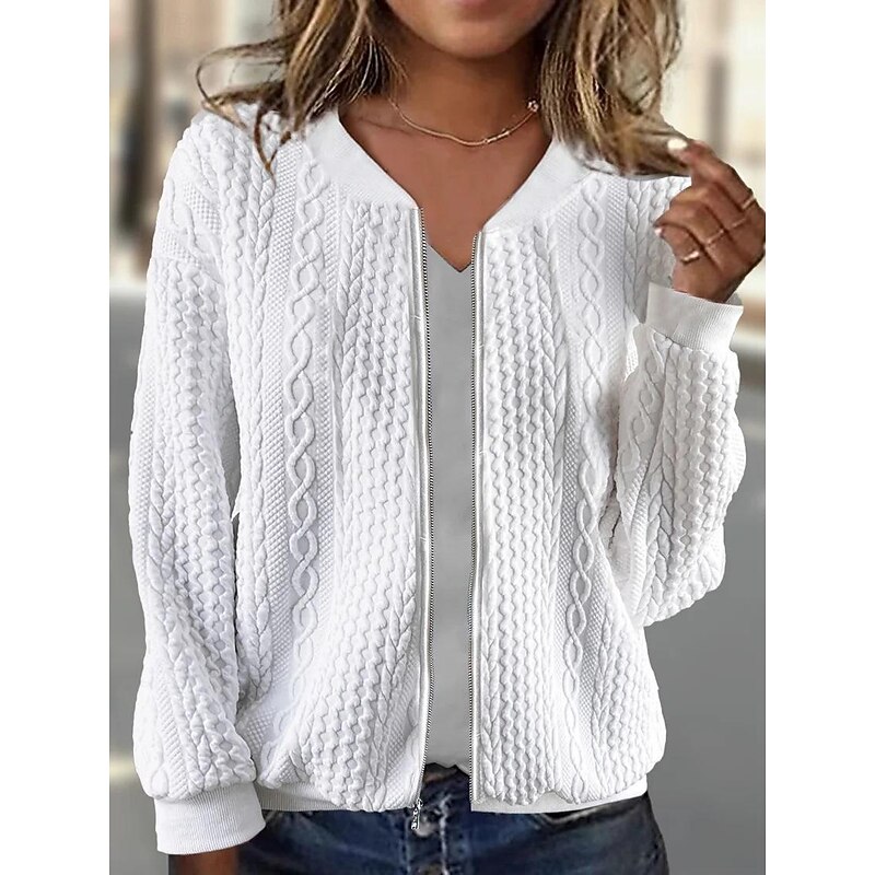 Women's Casual Jacket Textured Jackets Vacation Daily Wear Spring Fall Regular Coat Regular Fit Thermal Warm Breathable Stylish Contemporary Modern Style Jacket Long Sleeve Solid Color Full Zip Black3