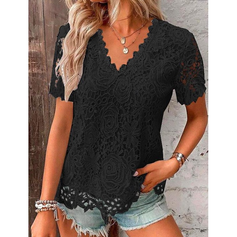 T shirt Tee Dressy Tops Women's Black White Red Plain Lace Street Daily Fashion V Neck Regular Fit S4