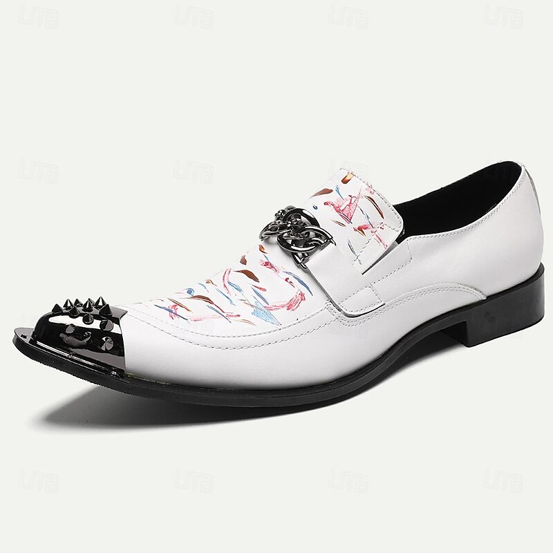 Men's Premium Cowhide Leather Punk Style Loafers - Artistic Print Slip-On Shoes with Decorative Buckle and Spiked Metal Toe Cap2