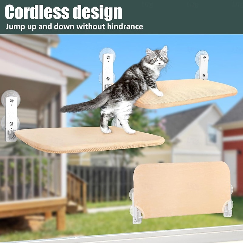 Foldable Anti-Anxiety Cat Hammock,Cordless Cat Window Perch, Cat Hammock with 4 Suction Cups, Solid Metal Frame and Reversible Cover, Foldable Cat Beds for Indoor Cats4