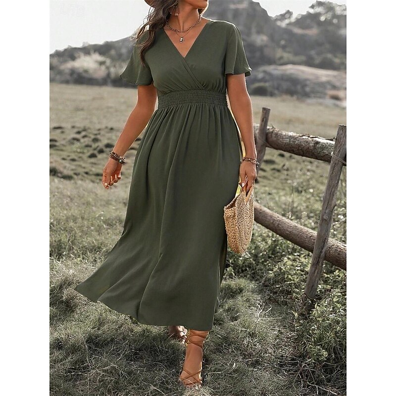 Women's Summer Dress Maxi Dress Ruffle Hem Date Streetwear Maxi V Neck Short Sleeve Black Navy Blue Green Color3