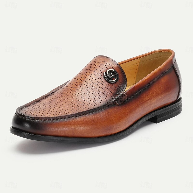 Men's Brown Leather Loafers – Elegant Slip-On Dress Shoes with Metal Detail2