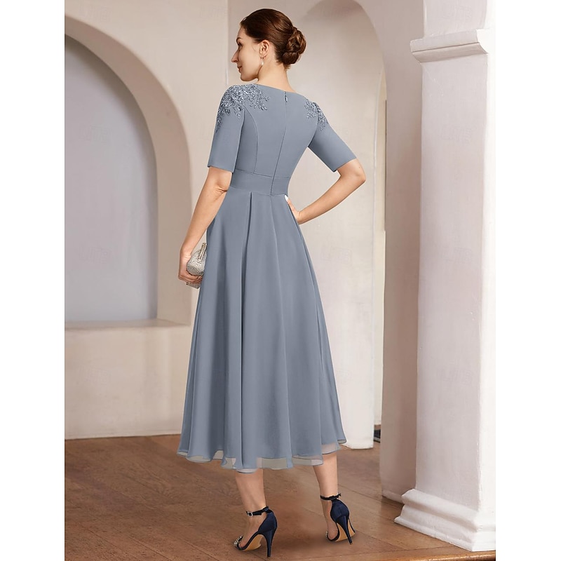 A-Line Mother of the Bride Dress Beach Wedding Formal Elegant Bateau Neck Tea Length Chiffon Half Sleeve with Lace2