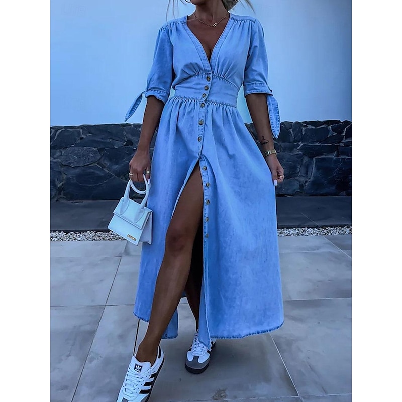 Women's Denim Dress Shirt Dress Maxi long Dress Office Vacation Denim Basic Modern V Neck Button Half Sleeve Summer Spring Regular Fit Plain