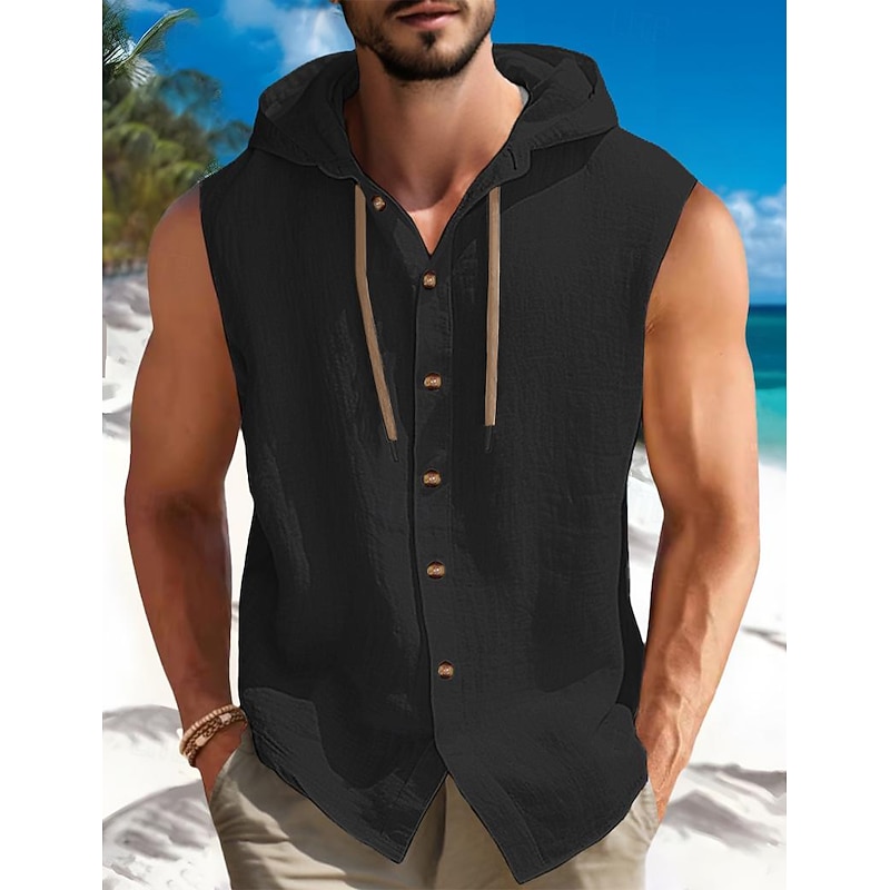 Men's Shirt Summer Shirt Beach Wear Button Up Shirt Plain Vacation Curise Black White Blue Khaki Sleeveless Hooded Summer Spring Clothing Apparel3