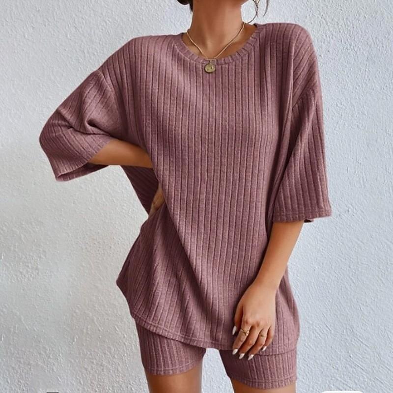 Set Women's Red Green Beige Plain 2 Piece Street Daily Fashion Round Neck Regular Fit S4