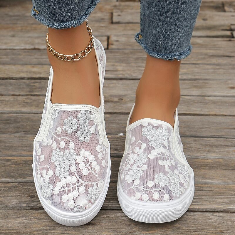 Women's White Lace Slip-On Sneakers – Breathable Mesh Casual Shoes with Floral Embroidery for Summer & Everyday Wear4