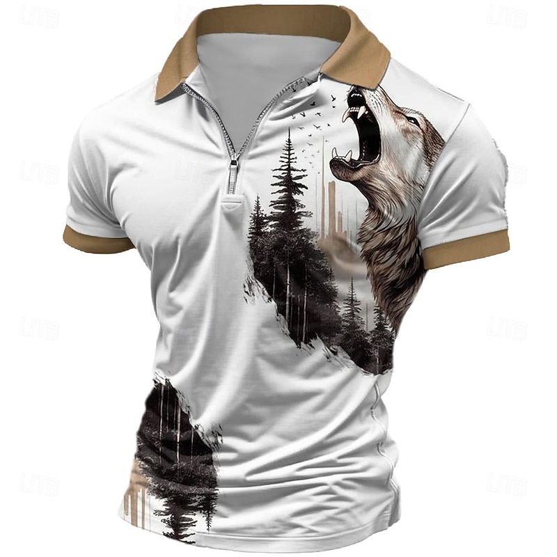 Men's Wolf Zip Polo Shirts Golf Shirt Short Sleeve Polo Shirts Collared Shirts Funny Streetwear Vacation Wear Party Outfits 3D Print Quarter Zip Polo Spring & Summer White