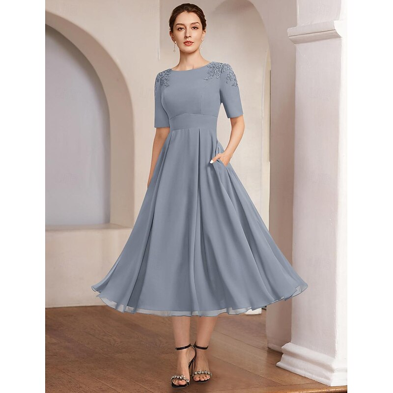 A-Line Mother of the Bride Dress Beach Wedding Formal Elegant Bateau Neck Tea Length Chiffon Half Sleeve with Lace