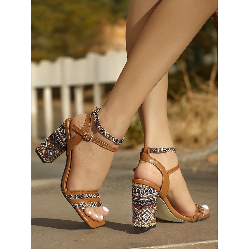 Women's Boho-Chic Patterned Strap Heels with Textured Block Heel - Perfect for Summer Festivals