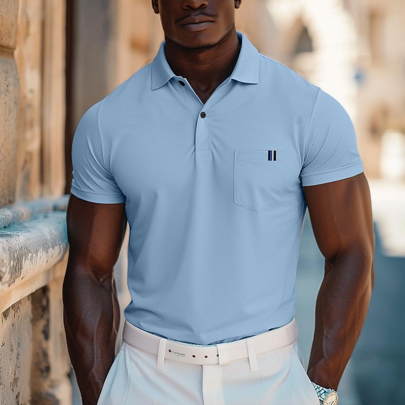Men's Golf Shirt Casual Holiday Ribbed Polo Collar Short Sleeve Fashion Basic Solid Color Patchwork Pocket Summer Regular Fit Light Blue Black White Yellow Royal Blue Golf Shirt