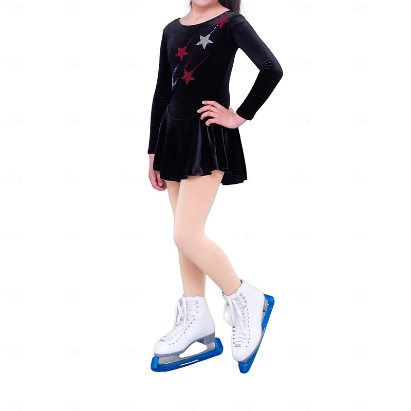 Figure Skating Dress Women's Girls' Ice Skating Dress Black Thumbhole Mesh Spandex Stretchy Training Practice Professional Skating Wear Thermal Warm Classic Crystal / Rhinestone Long Sleeve Ice