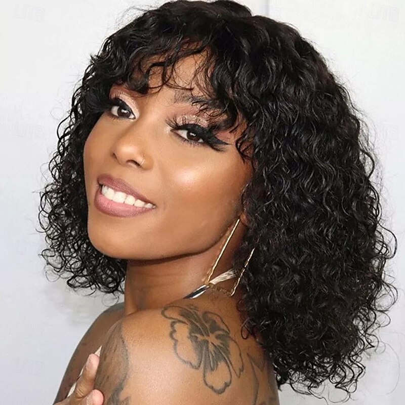 Remy Human Hair 13x4 Lace Front Wig Free Part With Bangs Malaysian Hair Kinky Curly Black Burgundy Dark Brown Wig 150% Density with Baby Hair Glueless Pre-Plucked For wigs for black women Long Human2