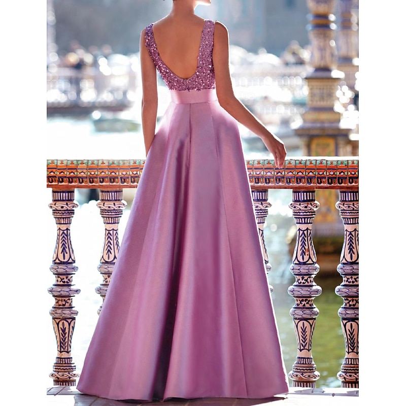 A-Line Evening Gown Elegant Dress Formal Wedding Floor Length Sleeveless V Neck Pocket Satin with Pearls2