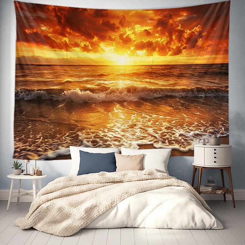 Wall Tapestry Art Decor Blanket Curtain Picnic Tablecloth Hanging Home Bedroom Living Room Dorm Decoration Landscape Beach Sea Ocean Wave Sunrise Sunset Rosy Cloud