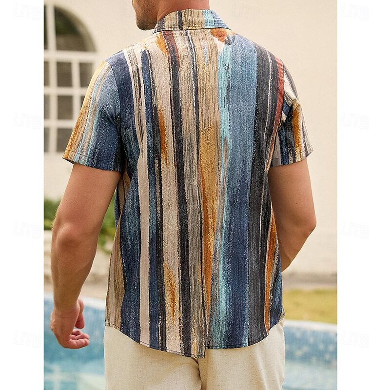 Men's Shirt Linen Shirt Retro Shirts Vintage Shirt Ethnic Shirt Striped Formal Outdoor Blue Short Sleeve Turndown Summer Clothing Apparel2