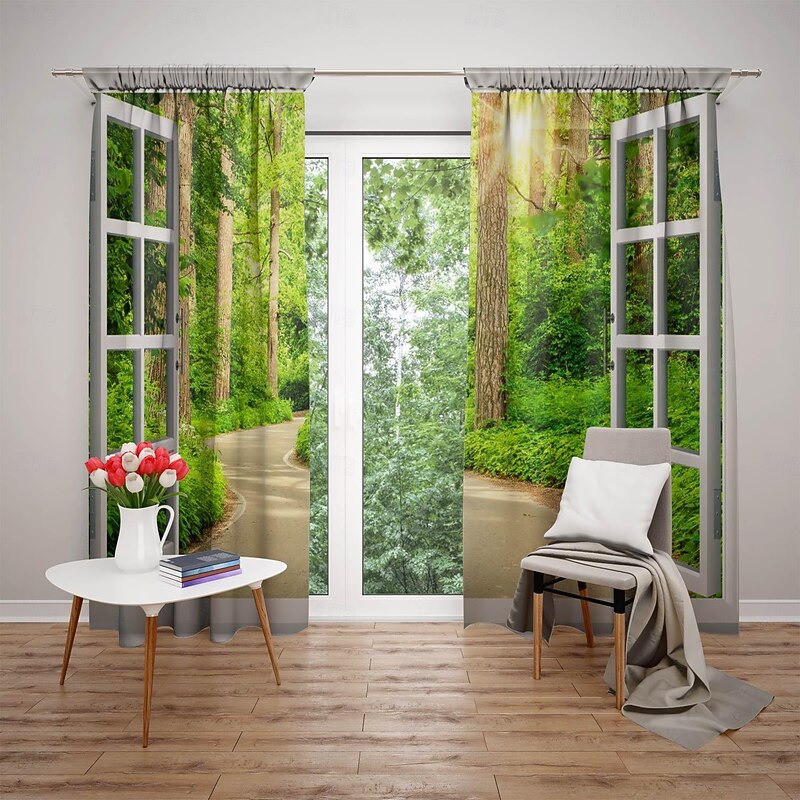 2 Panels Window View Forest Curtain Drapes Blackout Curtain For Living Room Bedroom Kitchen Window Treatments Thermal Insulated Room Darkening2