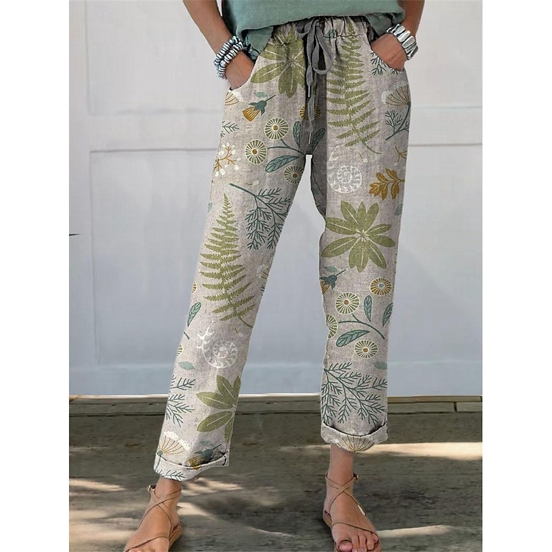 Women's Pants Trousers Straight Streetwear Casual Long High Waist Floral Pocket Printing Elastic Drawstring Design Breathability Soft Micro-elastic Vacation Street Daily Wear White Blue Green Gray2