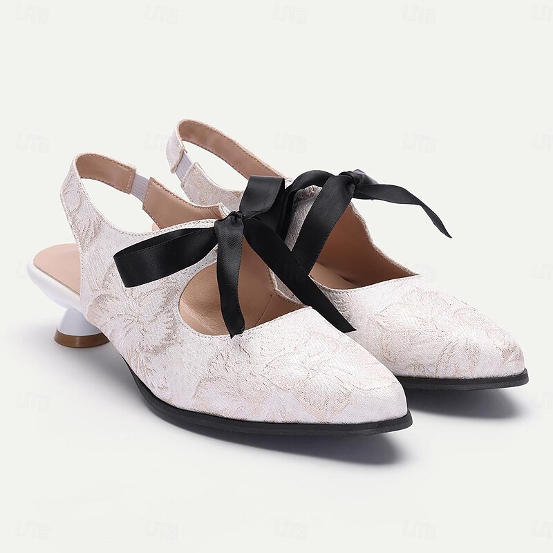 Women's Vintage Lace Slingback Heels with Bow - Elegant Dress Shoes for Weddings and Formal Events4