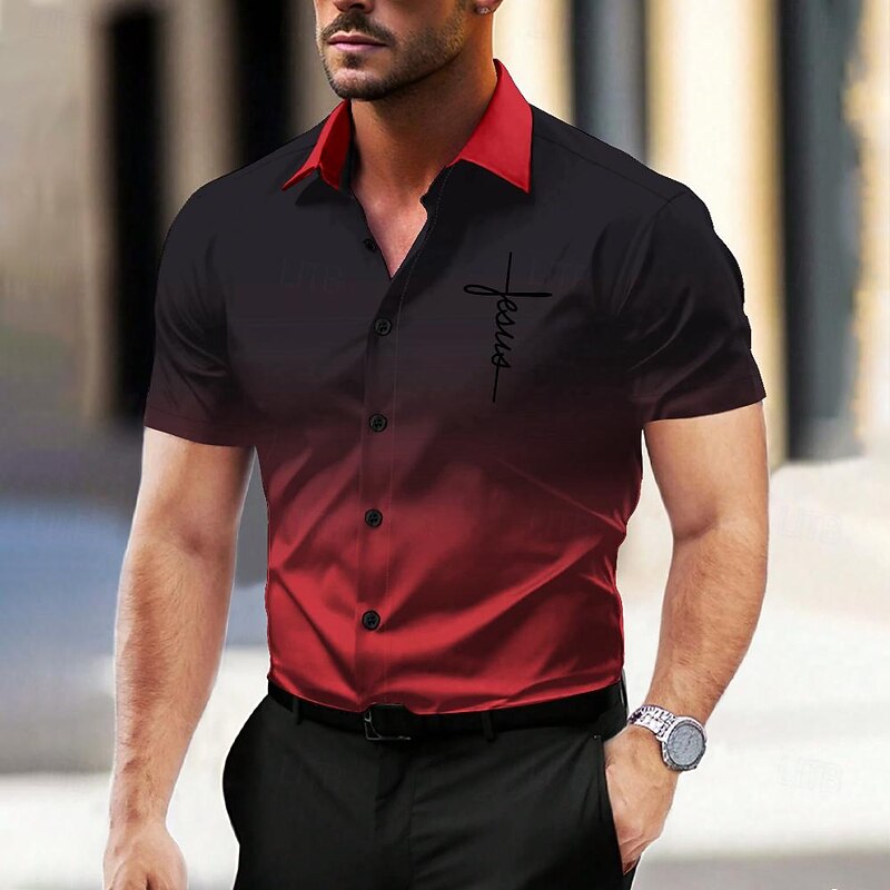 Men's Dress Shirt Button Up Shirt Printed Shirts Outdoor Vacation Red Blue Ink Blue Purple Short Sleeve Turndown Summer Clothing Apparel Button Up4