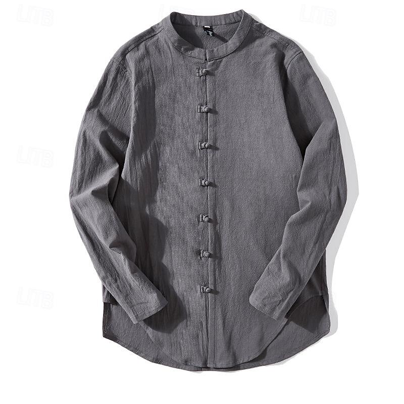 Men's Shirt Linen Shirt Chinese Collar Shirt Mandarin Collar Shirt Casual Shirt Button Up Shirt Plain Vacation Hawaiian Black White Light Green Pink Long Sleeve Grandad Collar Spring &  Fall Clothing4