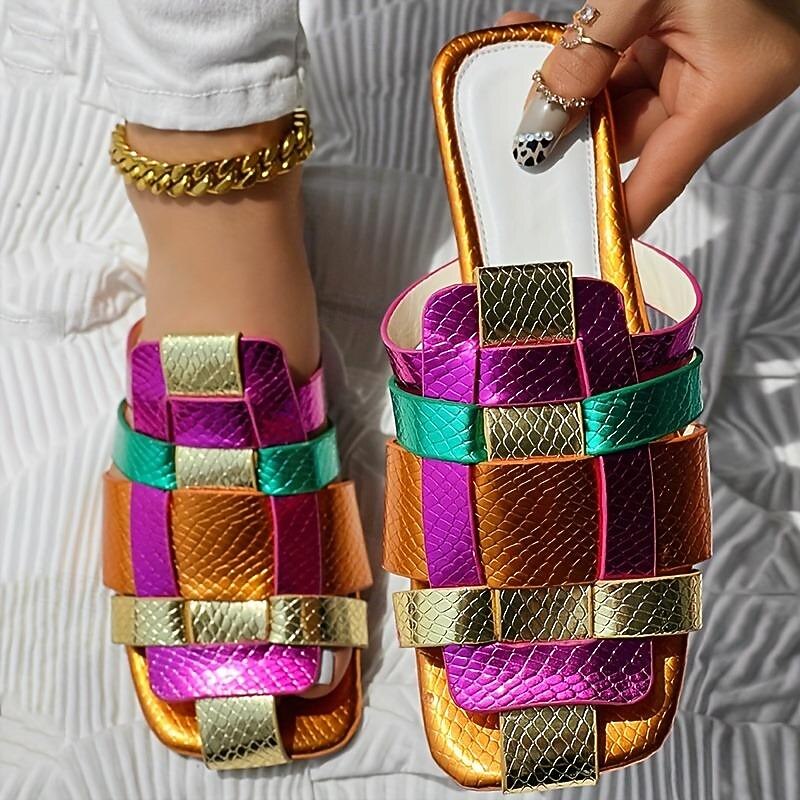 Women's Colorful Metallic Strappy Sandals – Vibrant Snake Print Slip-On Flats for Casual Summer and Festival Wear3