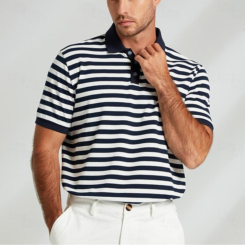 Men's Polo Knit Polo Sweater Business Casual Lapel Short Sleeve Modern Formal Striped Horizontal Stripes Button Summer Navy Blue Polo2