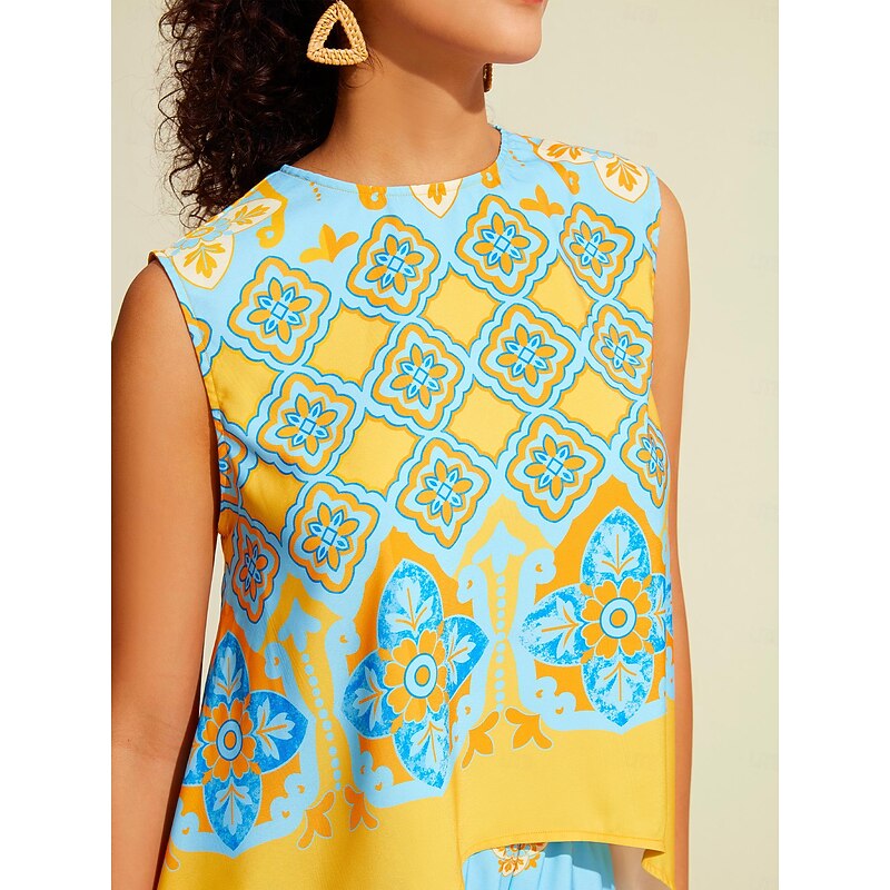 Women's Camisole Tank Top Satin Boho Double Slit Crew Neck Sleeveless Camisole Tank Top4