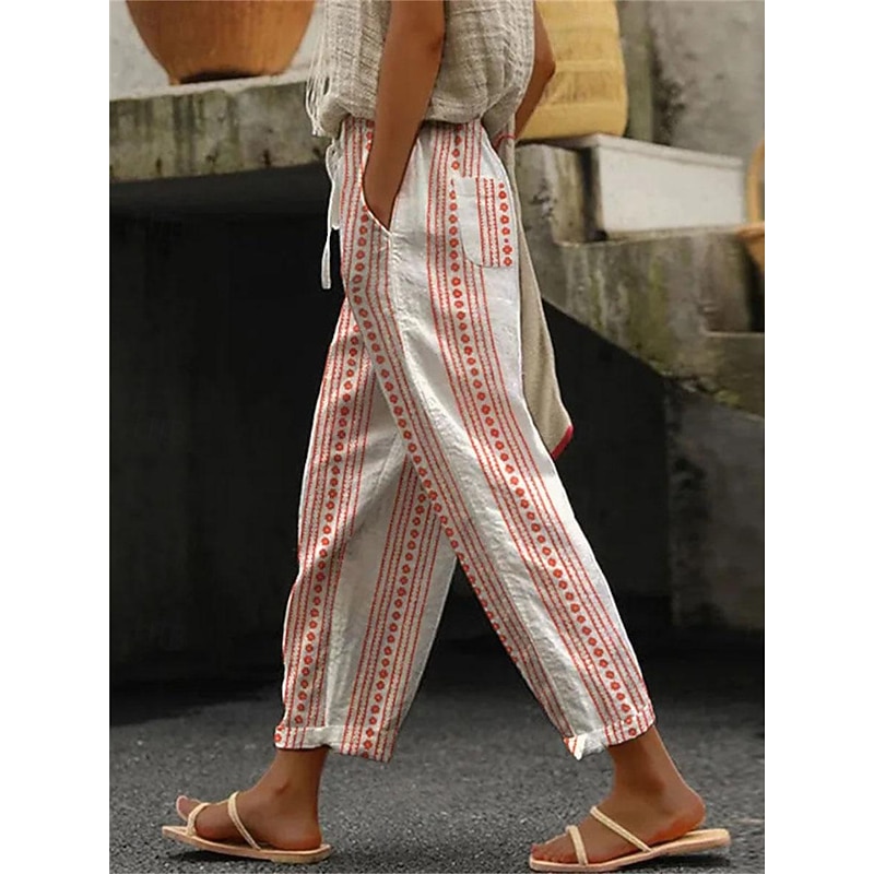 Women's Pants Trousers Straight Streetwear Casual Long High Waist Heart Floral Leaf Pocket Printing Elastic Drawstring Design Breathability Soft Micro-elastic Vacation Street Daily Wear White Red4