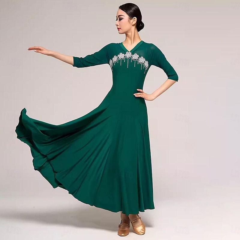 Ballroom Dance Dress Rhinestone Pure Color Splicing Women's Performance Party 3/4 Length Sleeve Crystal Cotton