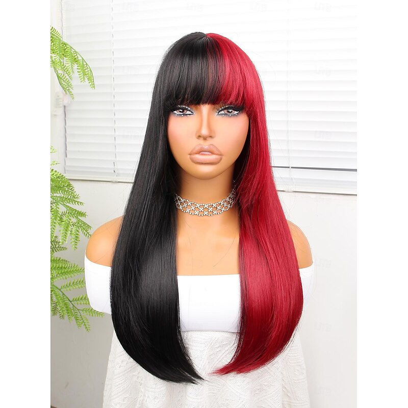 Synthetic Wig Yaki Straight Neat Bang Wig 22 inch Black / Red Synthetic Hair 22 inch Women's Multi-color2