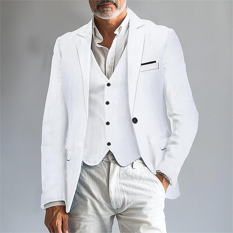 Men's Blazer Business Cocktail Party Wedding Party Fashion Casual Spring &  Fall Polyester Solid Color Pocket Buttons Comfortable Single Breasted Blazer Black White Burgundy Royal Blue