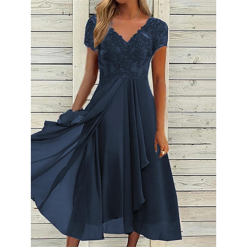 Women's Midi Dress V-neck Lace Detail Short Sleeve Chiffon Flowy Blue Elegant Evening Party Wedding Guest Spring Summer Fall Versatile Sizes