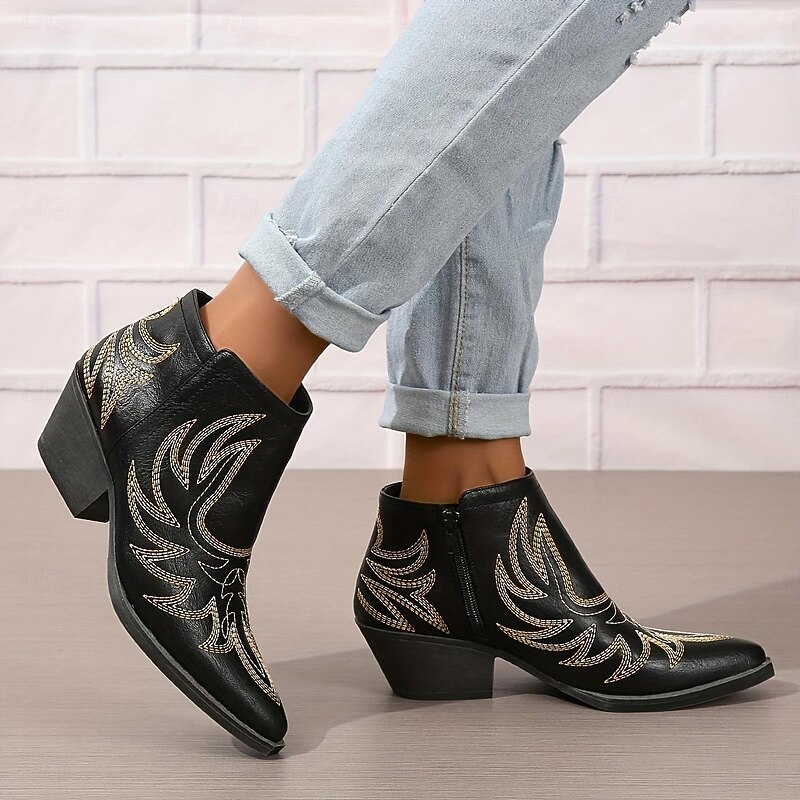 Women's Black Embroidered Western Ankle Boots, Faux Leather Pointed Toe Cowgirl Booties for Rodeo, Concerts, and Fall Fashion2