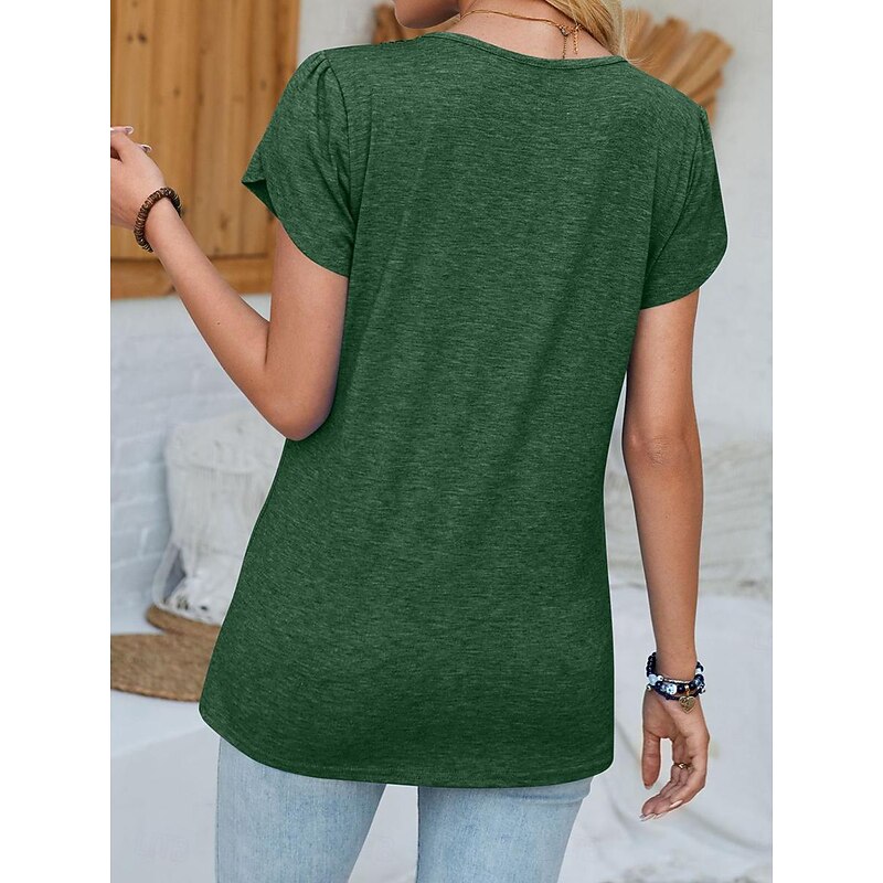 Women's Shirt Dressy Tops Plain Stylish Short Sleeve V Neck Regular Tops Daily Lace Pink Dark Green Khaki Gray Summer2