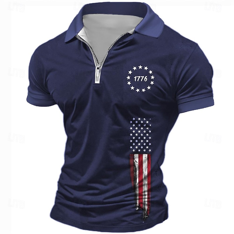 American Independence Day Men's American Flag Veterans Zip Polo Shirts Golf Shirt Short Sleeve Polo Shirts Collared Shirts Casual Streetwear Vacation Wear Party Outfits 3D Print Quarter Zip Polo4
