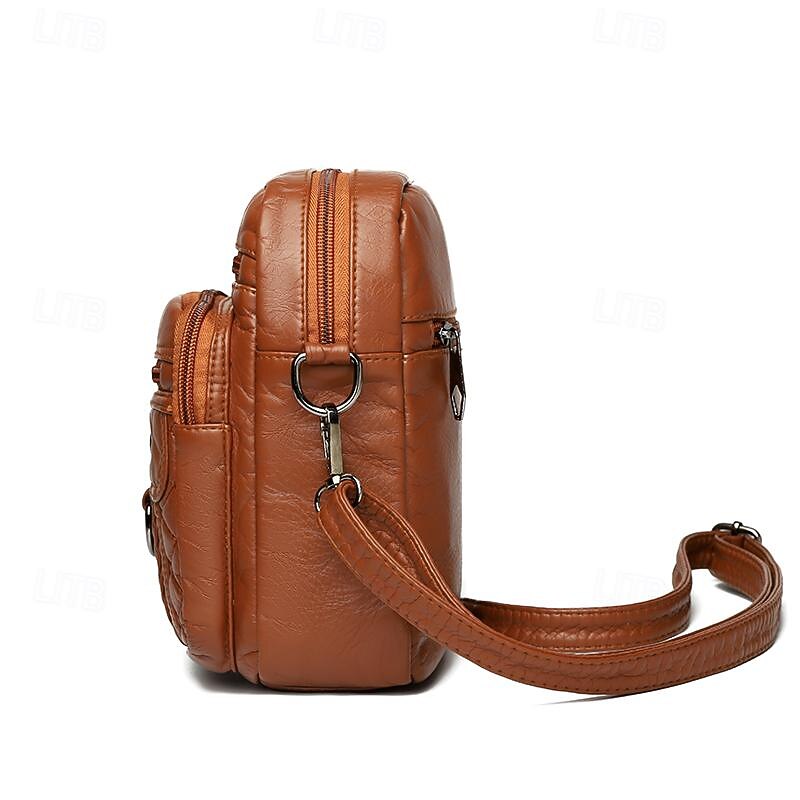 Fashionable Brown Quilted Crossbody Bag for Women – Stylish Faux Leather Shoulder Bag with Heart-Shaped Zipper Pull and Multiple Pockets4