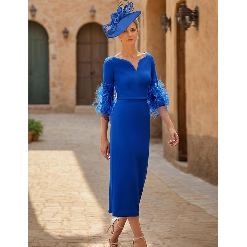 Sheath Mother of the Bride Dress Wedding Guest Elegant V Neck Ankle Length Stretch Fabric Half Sleeve with Feather Race Day Dress2