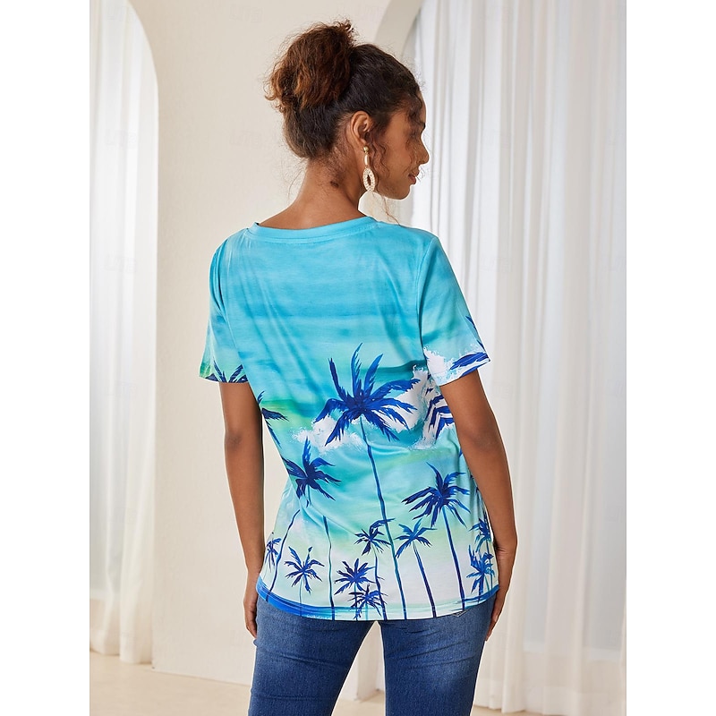 Women's T Shirt Plants Hawaiian Short Sleeve V Neck Regular Tops Vacation Print Green Summer4
